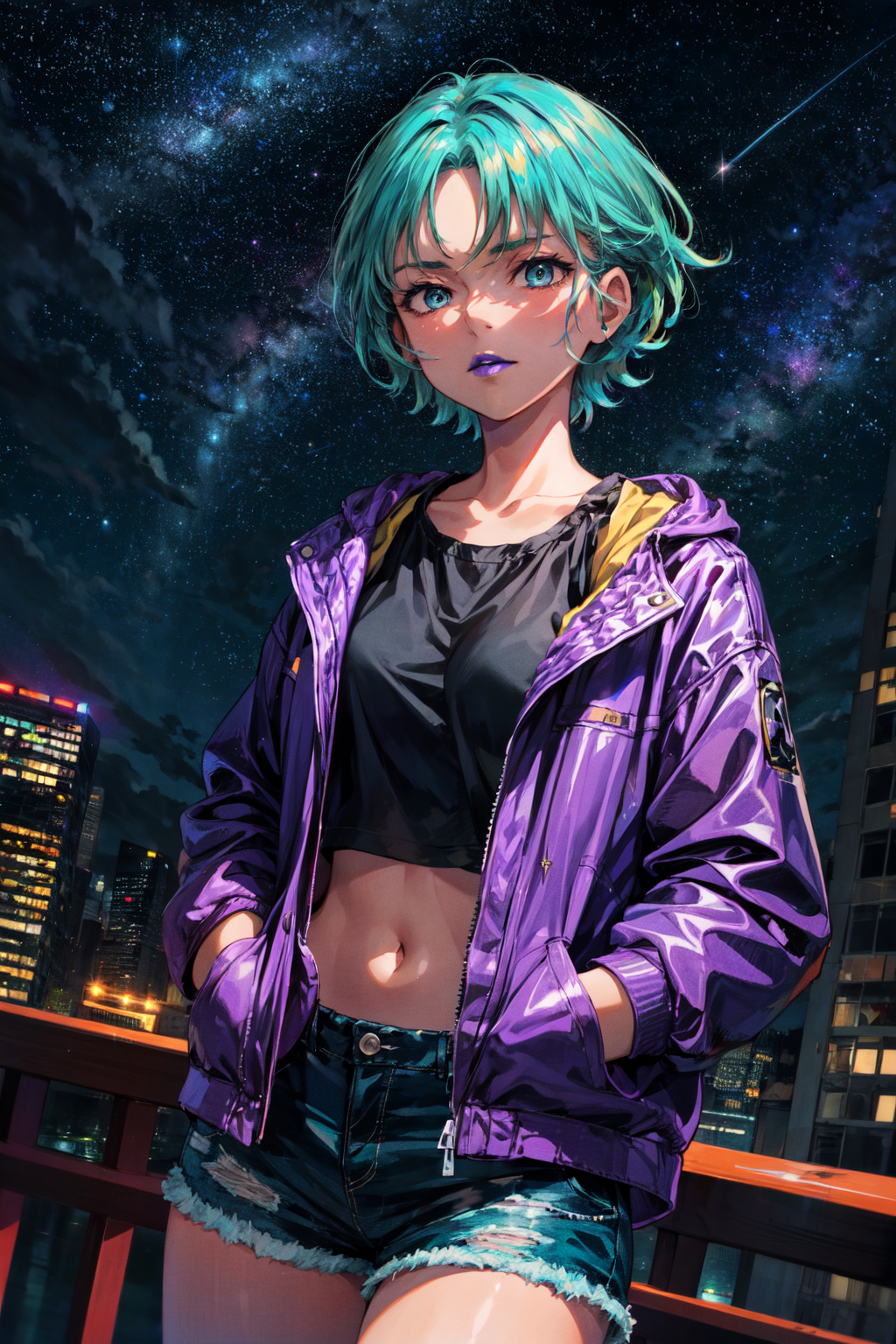 00357-2981843173-masterpiece,best quality,1girl,solo,fourmurasame,aqua hair,short hair,aqua eyes,purple lipstick,purple jacket,crop top,denim sho.png